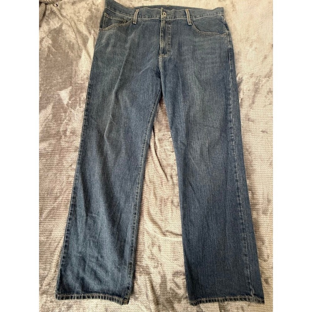 Mens Straight Leg Blue Denim Jeans Casual Five Pocket Pants Light Wash 38X32.